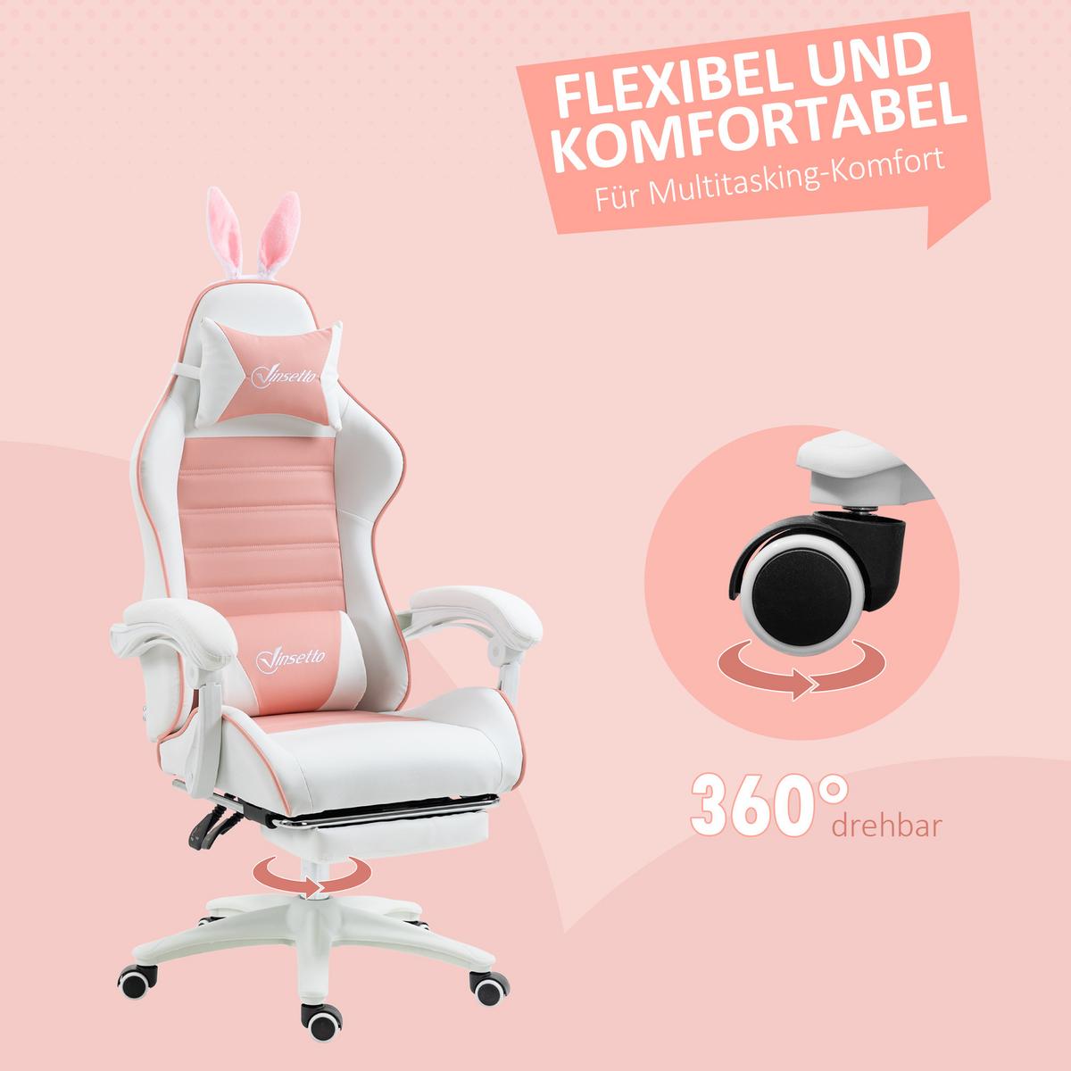 GAMING-STUHL Ergonomischer Gamer Stuhl mit Lendenwirbelstütze, Rosa - Rosa, Kunststoff (63/142/65cm) - Vinsetto