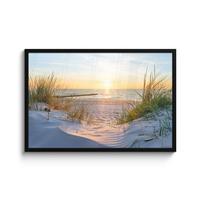 POSTER MIT RAHMENGERAHMTES BILD Strand - Sonne - Düne - Gras - Sand - Horizont 90x60 cm - Hellblau, Papier (90/60cm) - MuchoWow