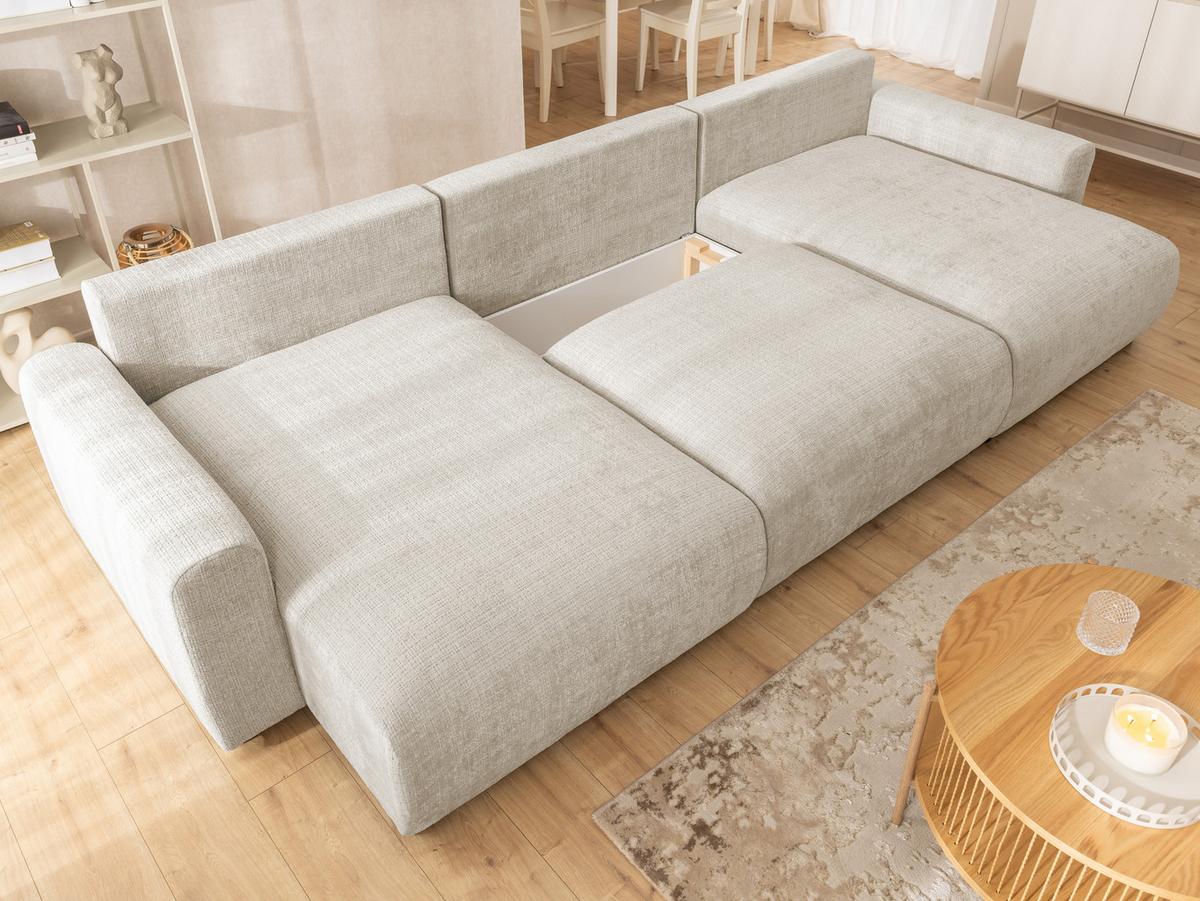 WOHNLANDSCHAFT Calma mit Schlaffunktion und Bettkasten im Bumpy-Design aus weichem Beige Chenille-Stoff - Beige/Schwarz, Holz/Kunststoff (336/88/140cm) - S-Style Möbel