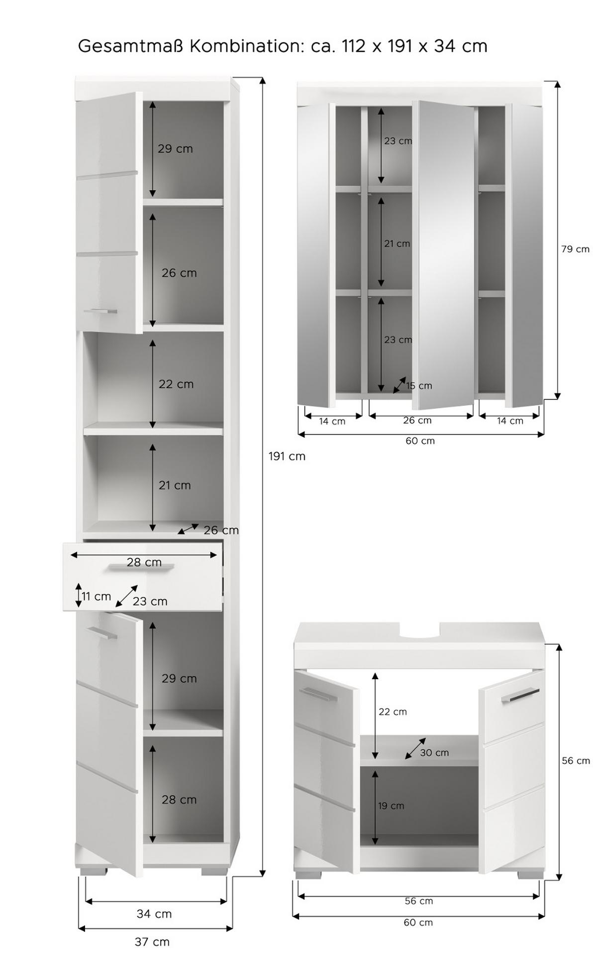 BADMÖBEL-SET weiß Hochglanz 3-teilig 112 cm, Komplettset mit viel Stauraum - Weiß Hochglanz, Glas/Holzwerkstoff (112/191/34cm) - Inn.Furn