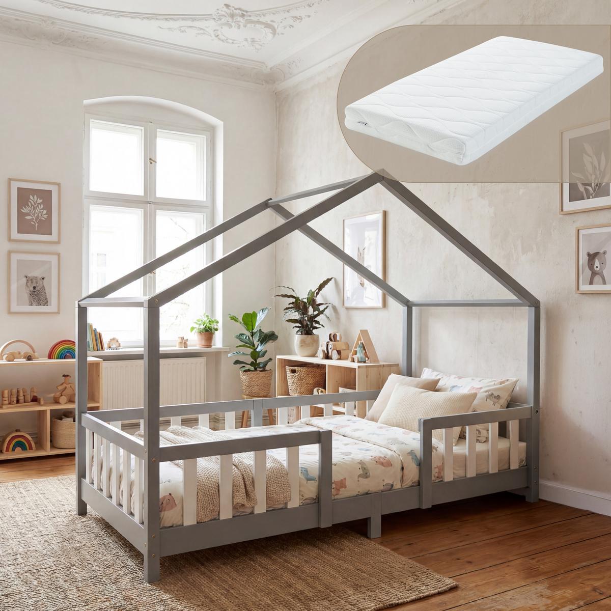 HAUSBETT Treviolo mit Matratze - Hellgrau/Weiß, Holz/Textil (90/200cm) - [en.casa]