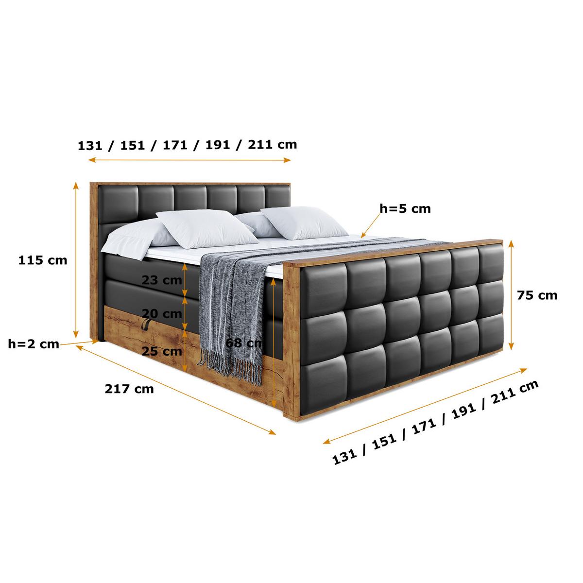 BOXSPRINGBETT mit Matratze H3|H4 und Lattenrost - LOLLI7-Z KING-200x200 - Schwarz Kunstleder - Schwarz, Holzwerkstoff (200/200cm) - ALTDECOR