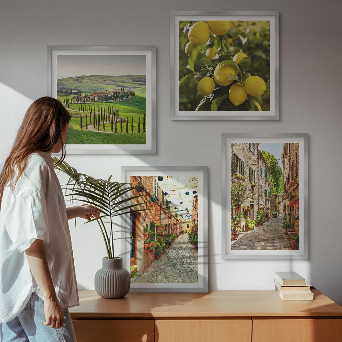BILDER SET 4er Set - 50x50 cm & 40x60 cm Silberner Rahmen - Bezaubernde Straßen voller Zitronenblüten - Silberfarben, Kunststoff (50/50cm) - TULUP