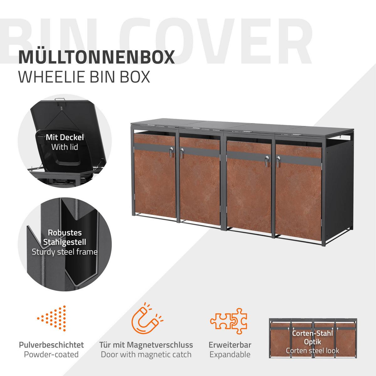 MÜLLTONNENBOX 4er Anthrazit-Rostoptik - Rotbraun, Metall (264/120/80cm) - ML-DESIGN