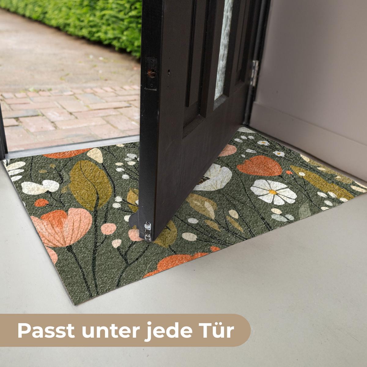 FUSSMATTE Blumen - Illustration - Grün Flurteppich 90x60 cm - Dunkelgrün, Kunststoff (90/0.4cm) - MuchoWow