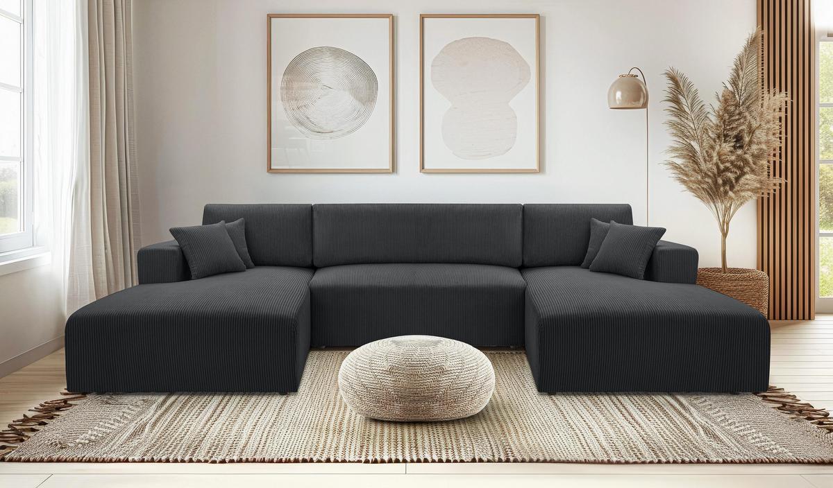WOHNLANDSCHAFT Catea Dunkelgrau 364/145/85 cm mit Schlaffunktion - Dunkelgrau/Schwarz, Kunststoff/Textil (364/84/145cm) - AX Living