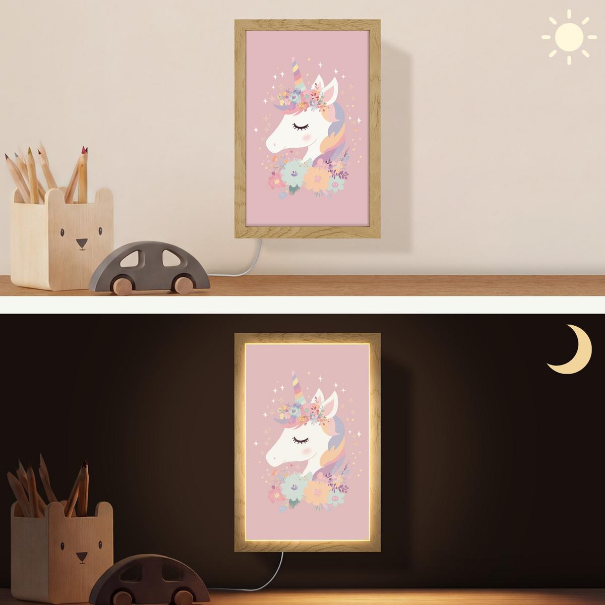 WANDLEUCHTE Einhorn - Rosa - Blumen 20x30 cm - Rosa, Holzwerkstoff (20/30/8cm) - OnlyWow