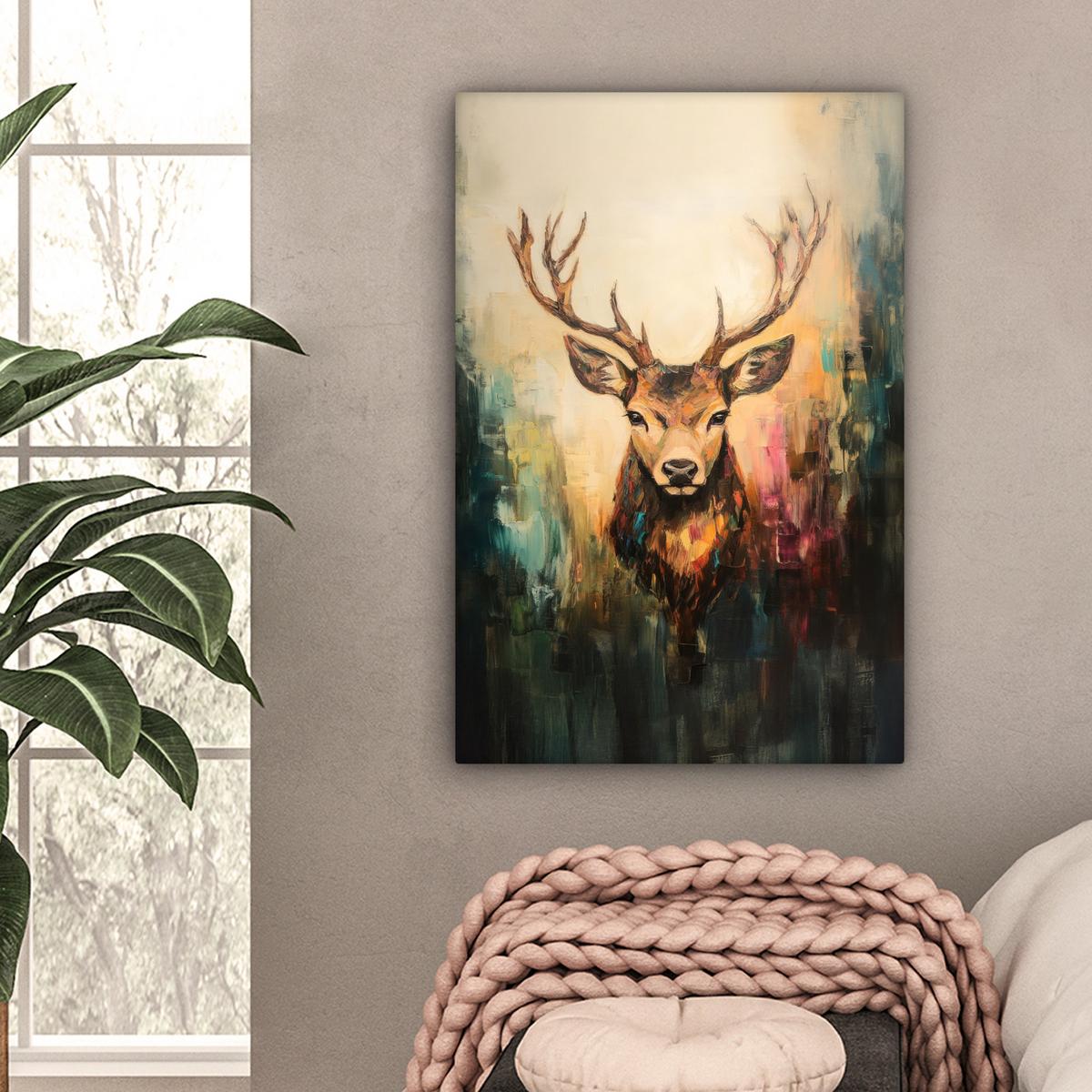 LEINWANDBILD Hirsch - Gemalt - Geweih - Braun Wanddeko Schlafzimmer 60x90 cm - Haselnussfarben, Textil (60/90cm) - MuchoWow