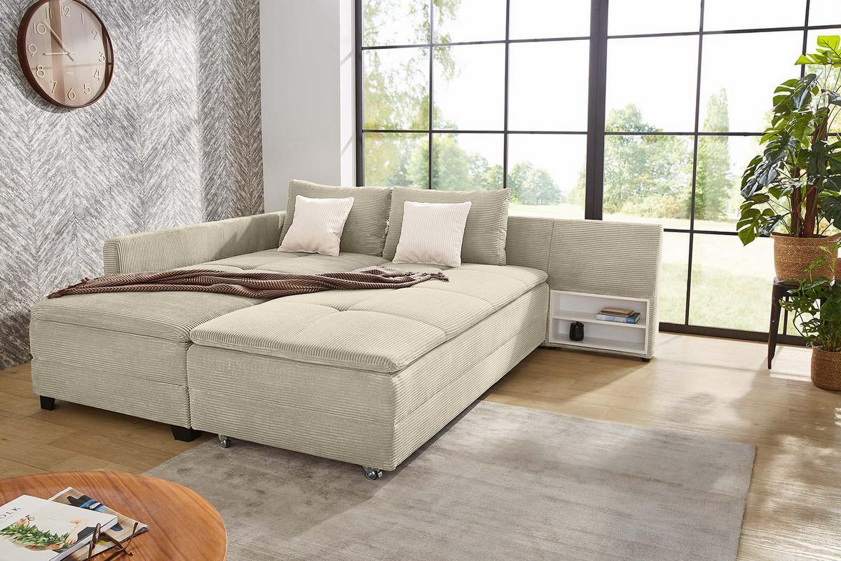 ECKSOFA-DAUERSCHLÄFER Doppelbett Boxspring Federkern Topper, seitenverkehrt montierbar B306/T223/H95 cm, Cord Beige Grau / 15161 - Greige/Schwarz, Kunststoff/Textil (306/223cm) - luma-home