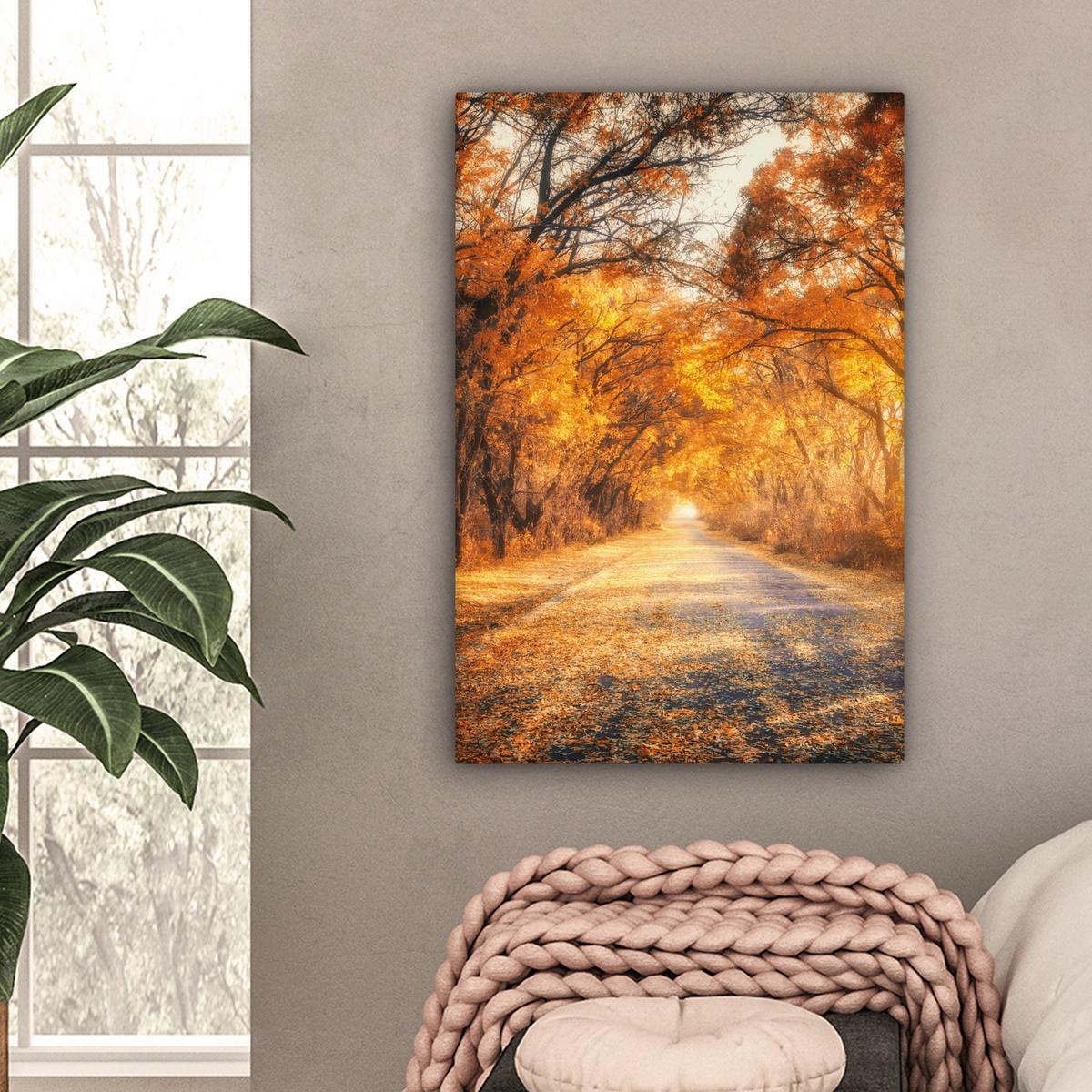 LEINWANDBILD Wald - Herbst - Bäume - Waldweg - Natur Wanddeko 40x60 cm - Bernsteinfarben, Textil (40/60cm) - MuchoWow
