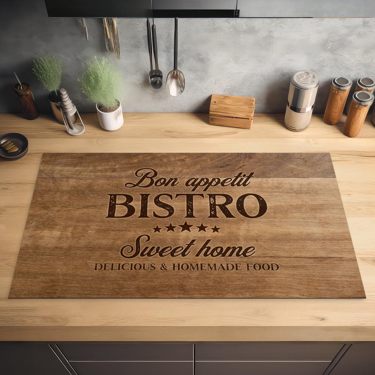HERDABDECKPLATTE Zitat - Bistro - Guten Appetit - Süßes Zuhause - Holzmaserung Ceranfeldabdeckung 90x52 cm - Braun, Kunststoff (90/52/0.2cm) - MuchoWow