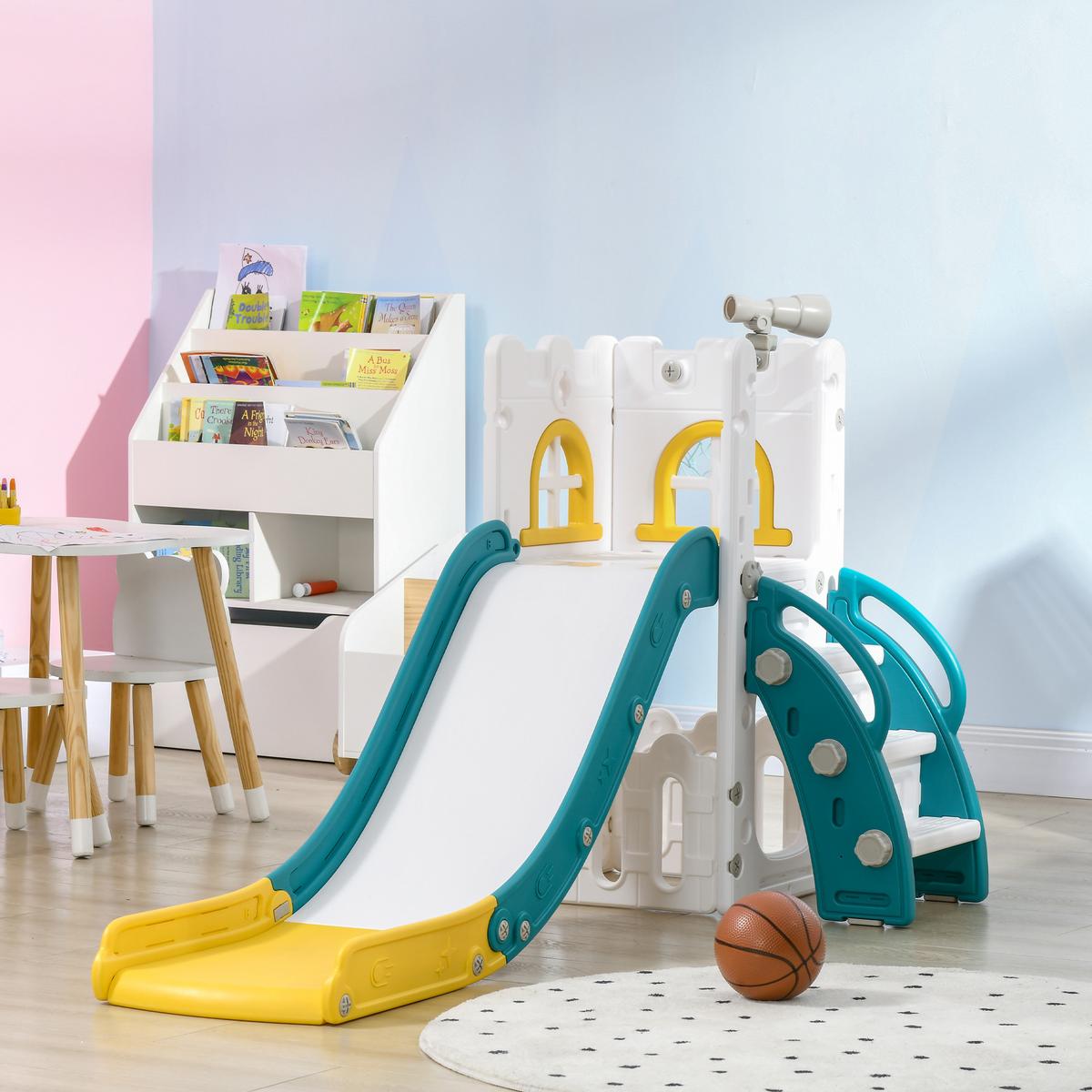 KINDERRUTSCHE 5 in 1 Kleinkinderrutsche mit Basketballkorb Teleskop Gelb - Gelb, Kunststoff (177/92/70cm) - AIYAPLAY