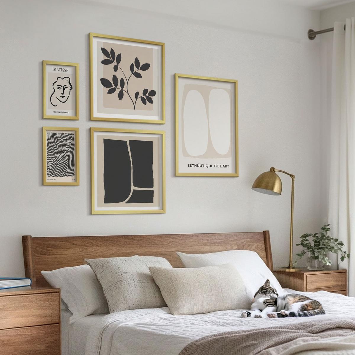 BILDER SET 5er Set - 50x50 cm & 20x30 cm & 40x60 cm Goldrahmen - Minimalistische Pflanzenmuster - Goldfarben, Kunststoff (40/60cm) - TULUP