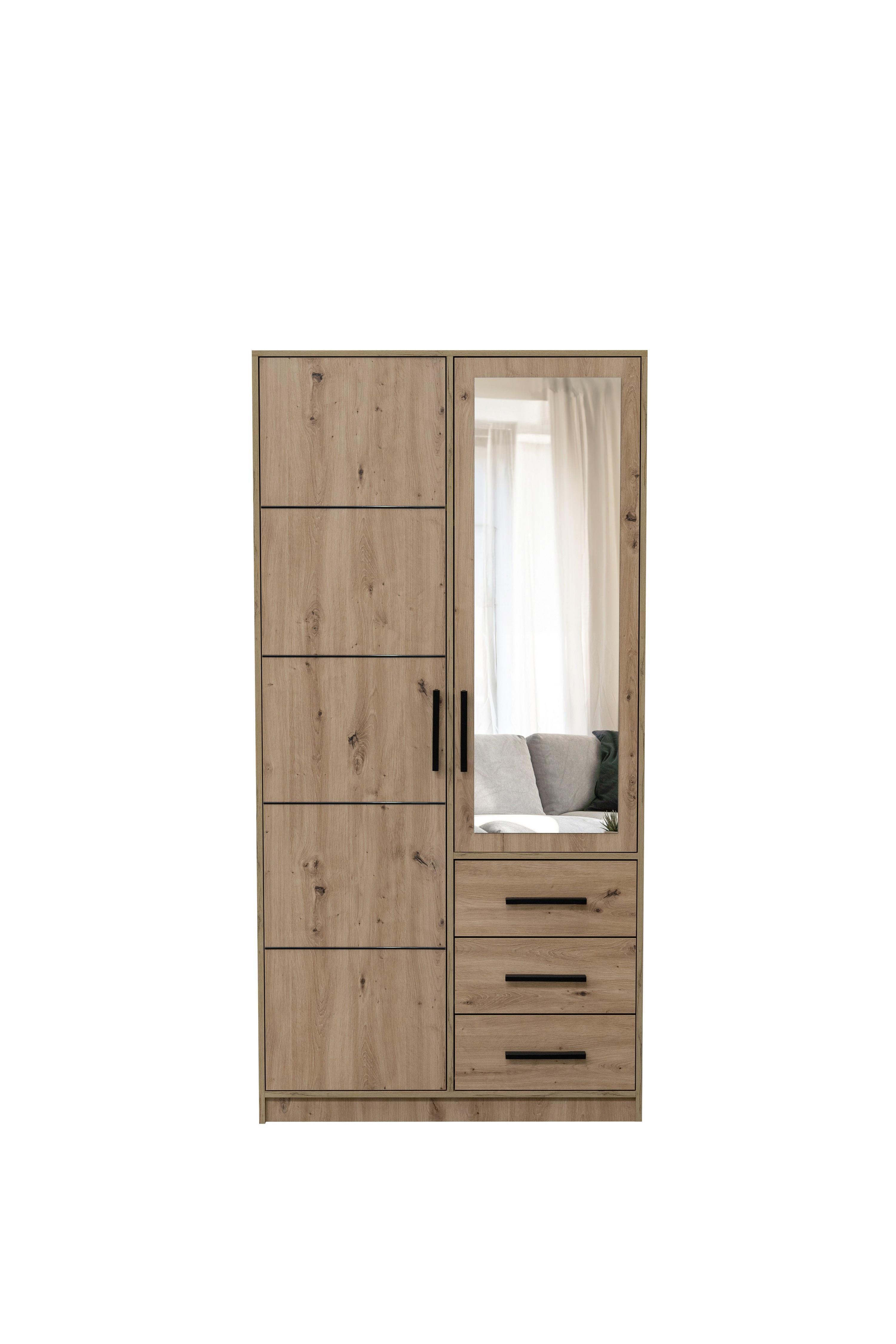 DREHTÜRENSCHRANK FIORA 100/200/57,5 cm 2-türig mit Spiegel Eiche Artisan - Eiche Artisan, Holzwerkstoff (100/200/57.5cm) - MASSENO