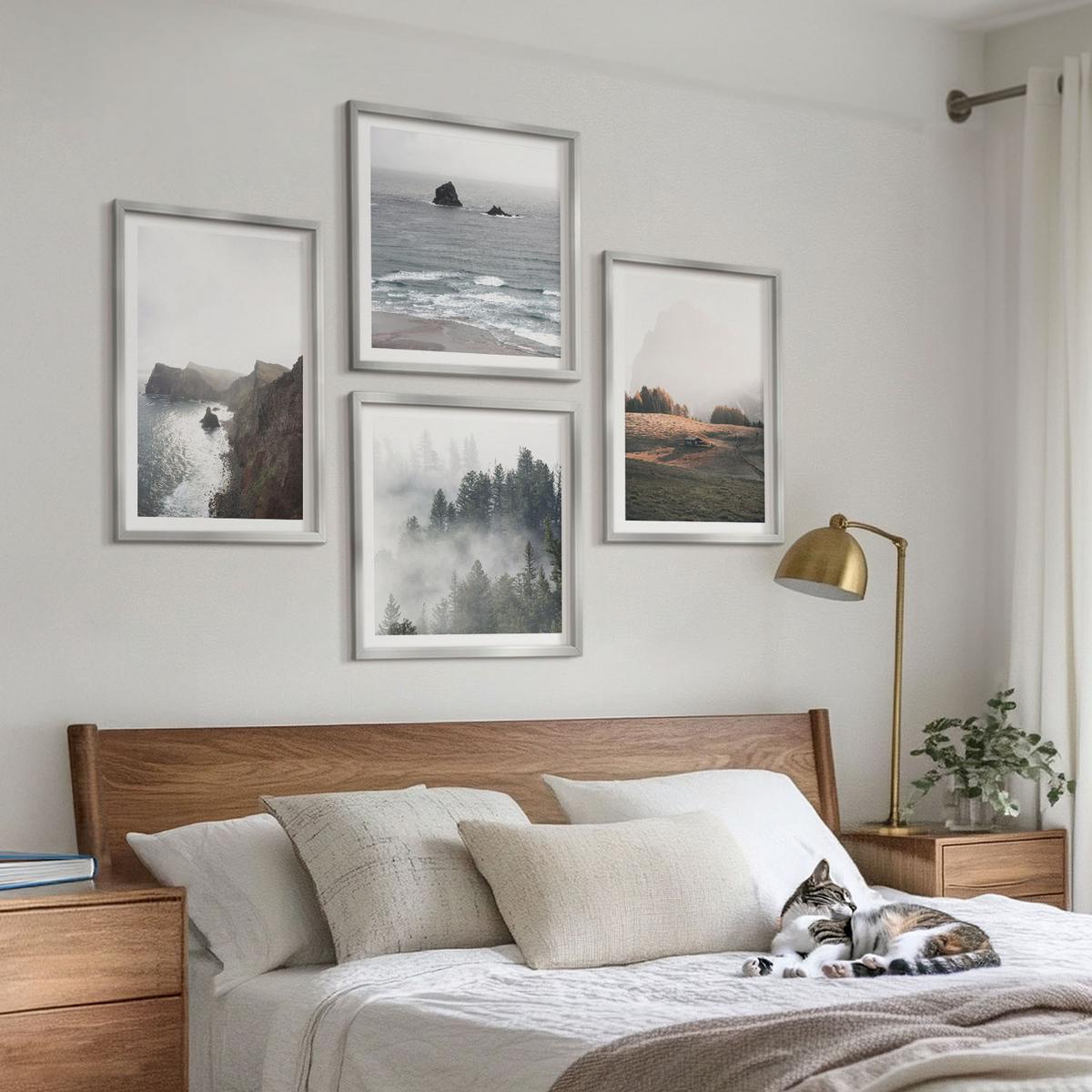 BILDER SET 4er Set - 50x50 cm & 40x60 cm Silberner Rahmen - Landschaften aus Bergen und Meer - Silberfarben, Kunststoff (50/50cm) - TULUP