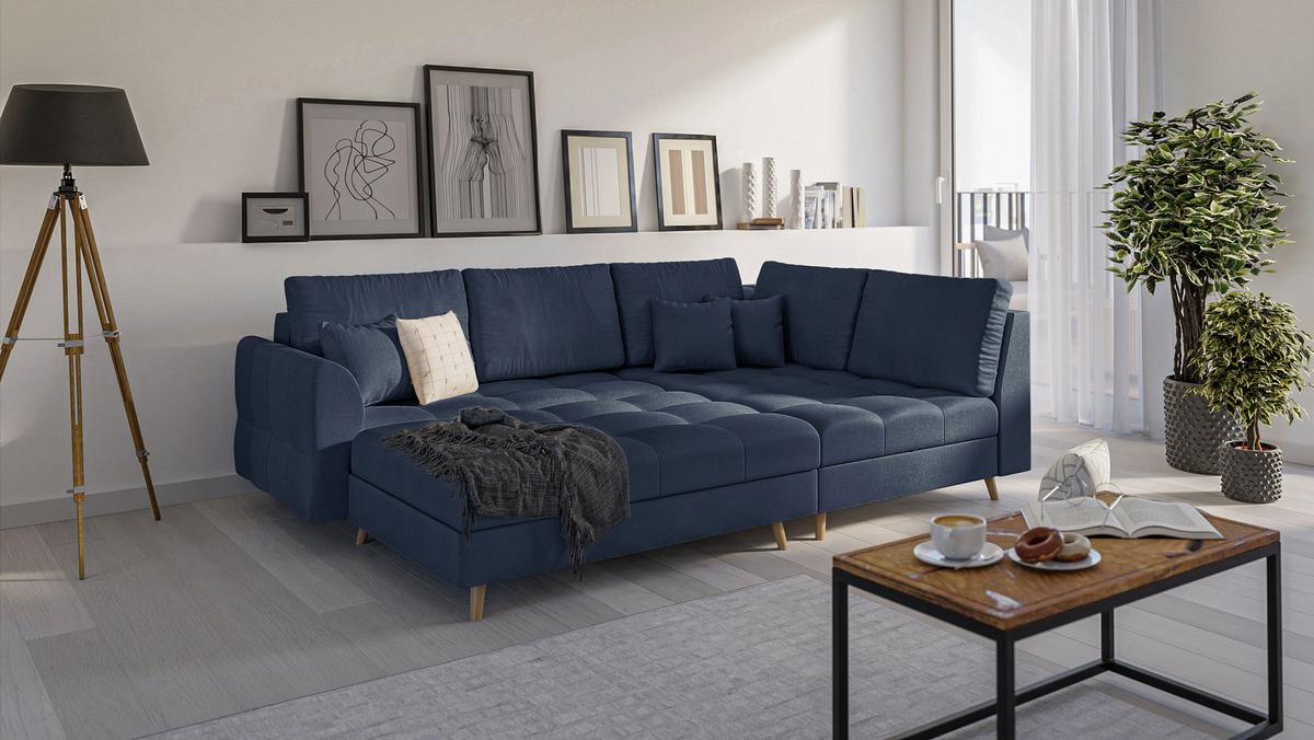 ECKSOFA MIT HOCKER Lorine Mikrofaser Dunkelblau - Hellbraun/Dunkelblau, Buchenholz/Textil (231/161cm) - S-Style Möbel