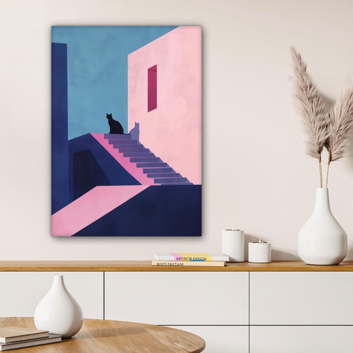 LEINWANDBILD Katze - Treppe - Gebäude - Schattenkontraste Wandbild Wohnzimmer 60x80 cm - Dunkelblau, Textil (60/80cm) - MuchoWow