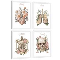 POSTER Set aus 4 Anatomie Mensch Florale Drucke und Wandbilder mit Herz Lungen Skelett und Schädel Stil Wanddekoration Größe Weißer Rahmen A4 - Weiß, Papier (21/29.7/3cm) - Nacnic