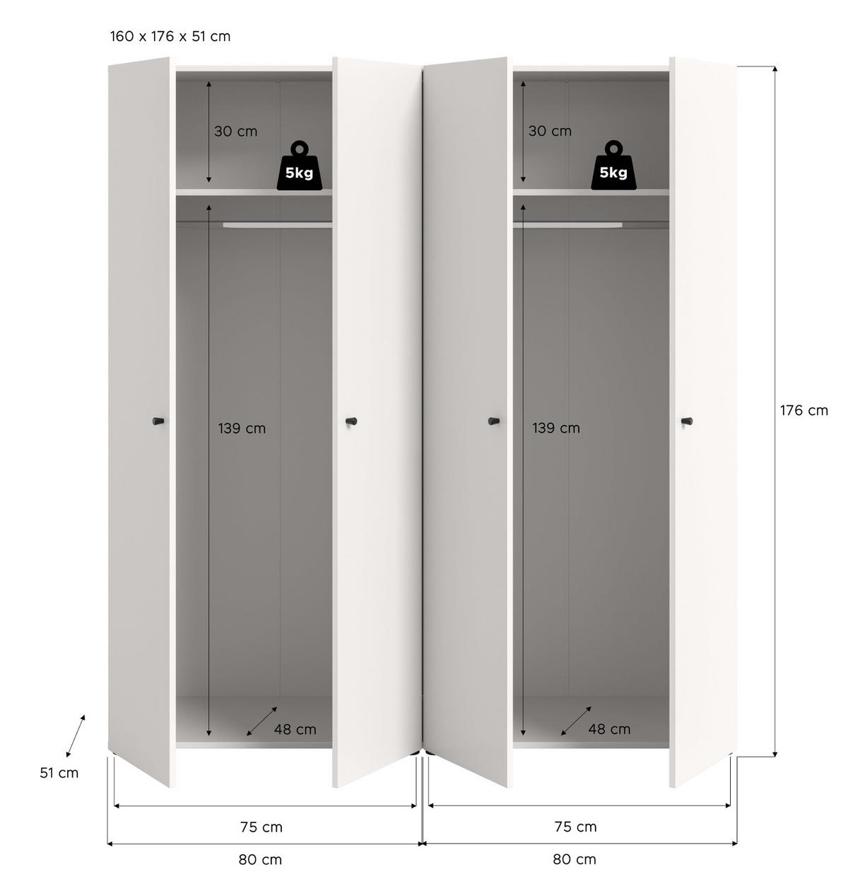 KLEIDERSCHRANK weiß 4-türig 160 cm, Drehtürenschrank mit Kleiderstangen - Schwarz/Weiß, Holzwerkstoff/Kunststoff (160/176/51cm) - Inn.Furn