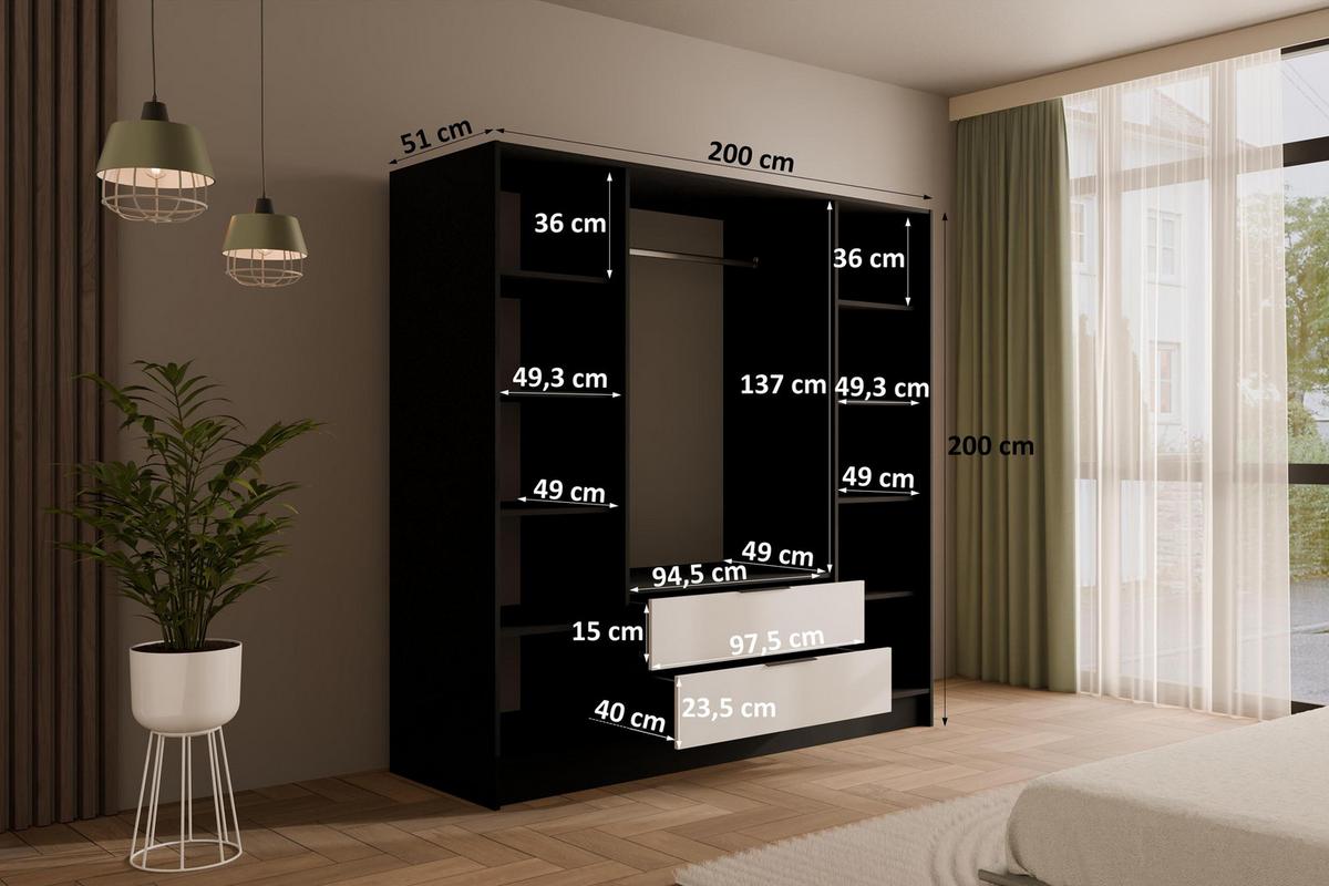 KLEIDERSCHRANK mit Flügeltüren KOLIN 200x200cm Schwarz / Weiß - Schwarz/Weiß, Holzwerkstoff (200/200/51cm) - ALTDECOR