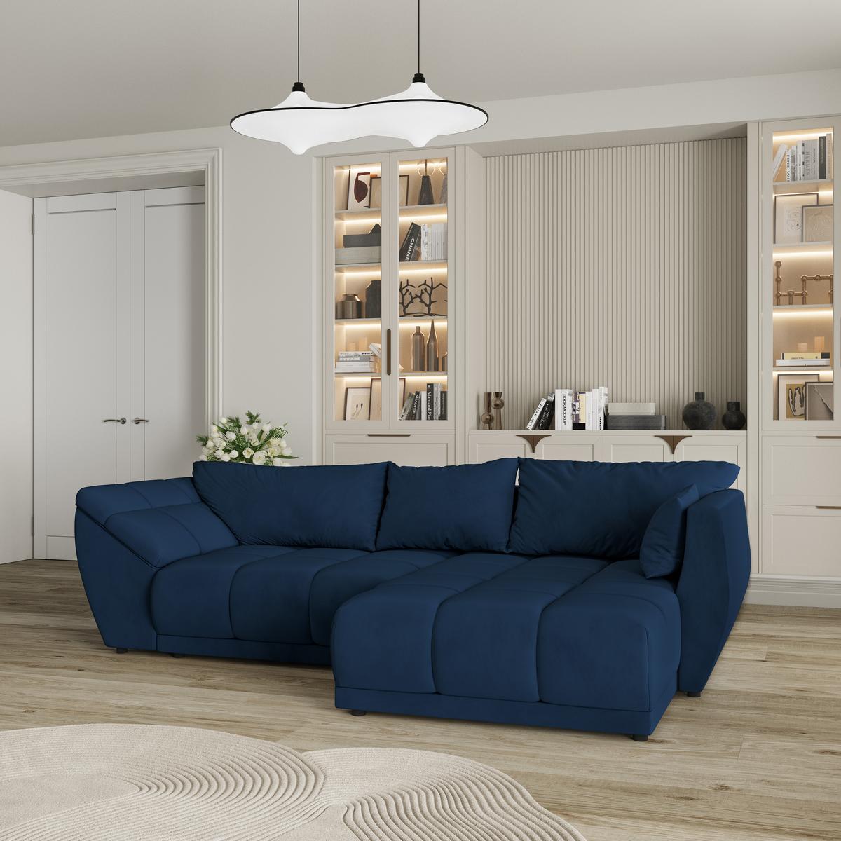 ECKSOFA ORENTI R-S Blau Velours-Stoff mit Schlaffunktion - Blau, Holz (287/182cm) - MASSENO