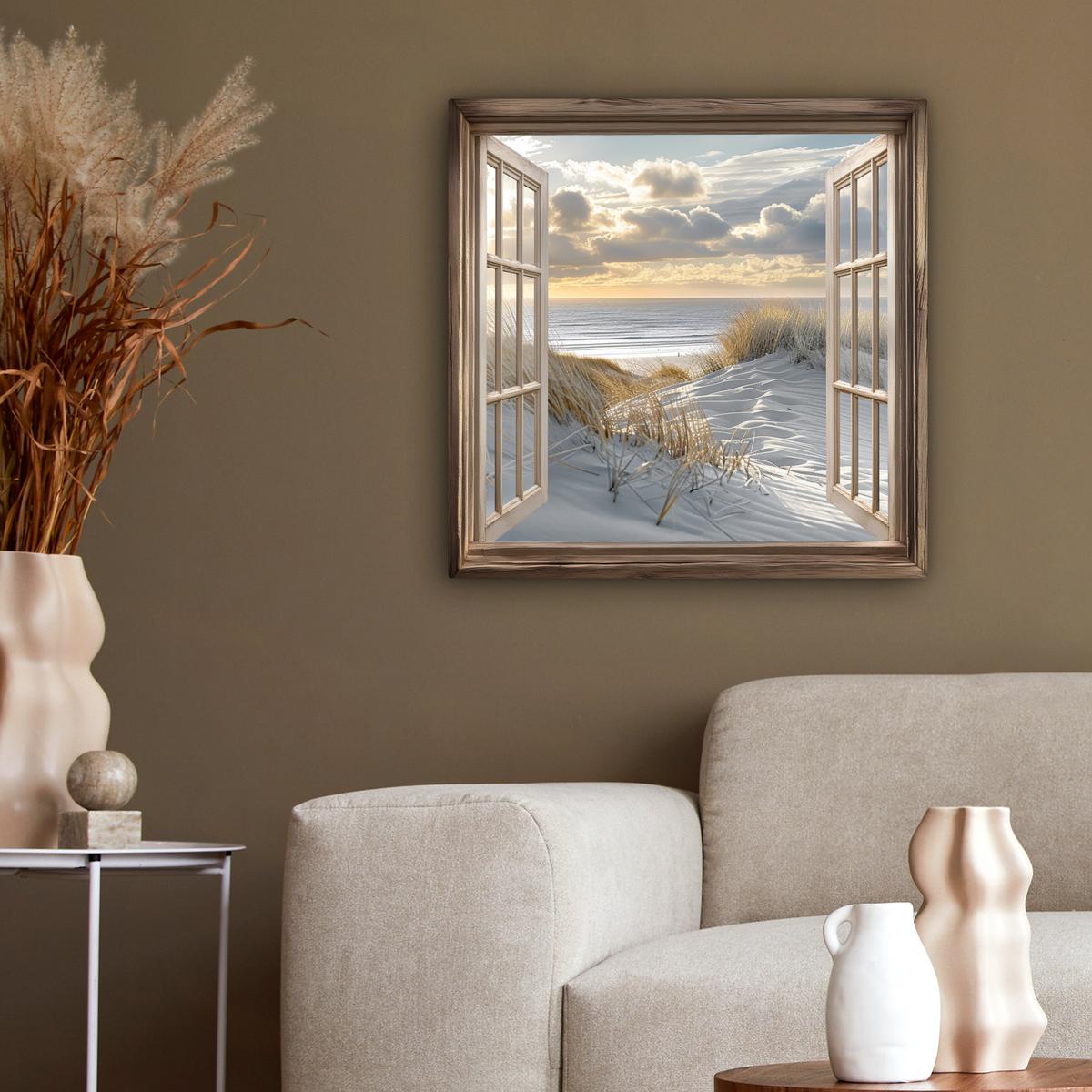 LEINWANDBILD Ausblick - Strand - Dünen - Meer - Natur Wandbild Wohnzimmer 50x50 cm - Sandfarben, Textil (50/50cm) - MuchoWow