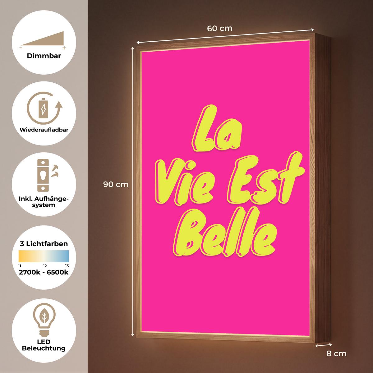 WANDLEUCHTE MIT AKKU Zitat - Retro - Rosa 60x90 cm - Pink, Holzwerkstoff (60/90/8cm) - OnlyWow