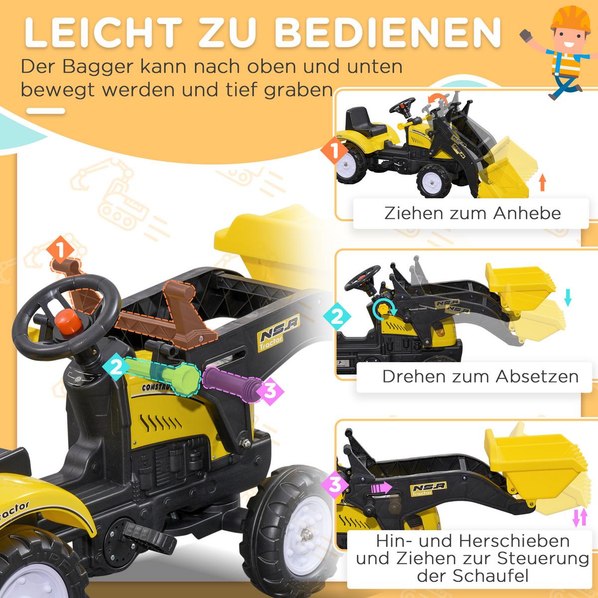 KINDER-RADLADER Kinderbagger Tretauto für 3-jährige Kinder mit Pedalen Gelb - Schwarz, Metall (114/41/52cm) - HOMCOM