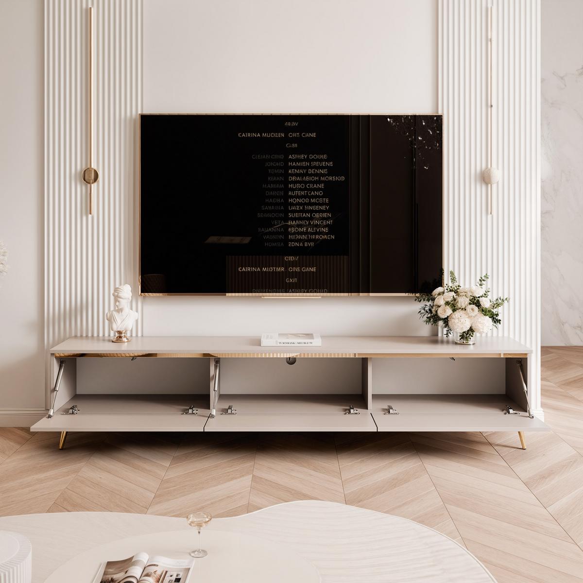 TV-SCHRANK SELIA 200 cm auf Füßen, Kaschmir mit goldener Zierleiste und LED-Beleuchtung - Kaschmir, Holzwerkstoff (200/42/35cm) - Idohome