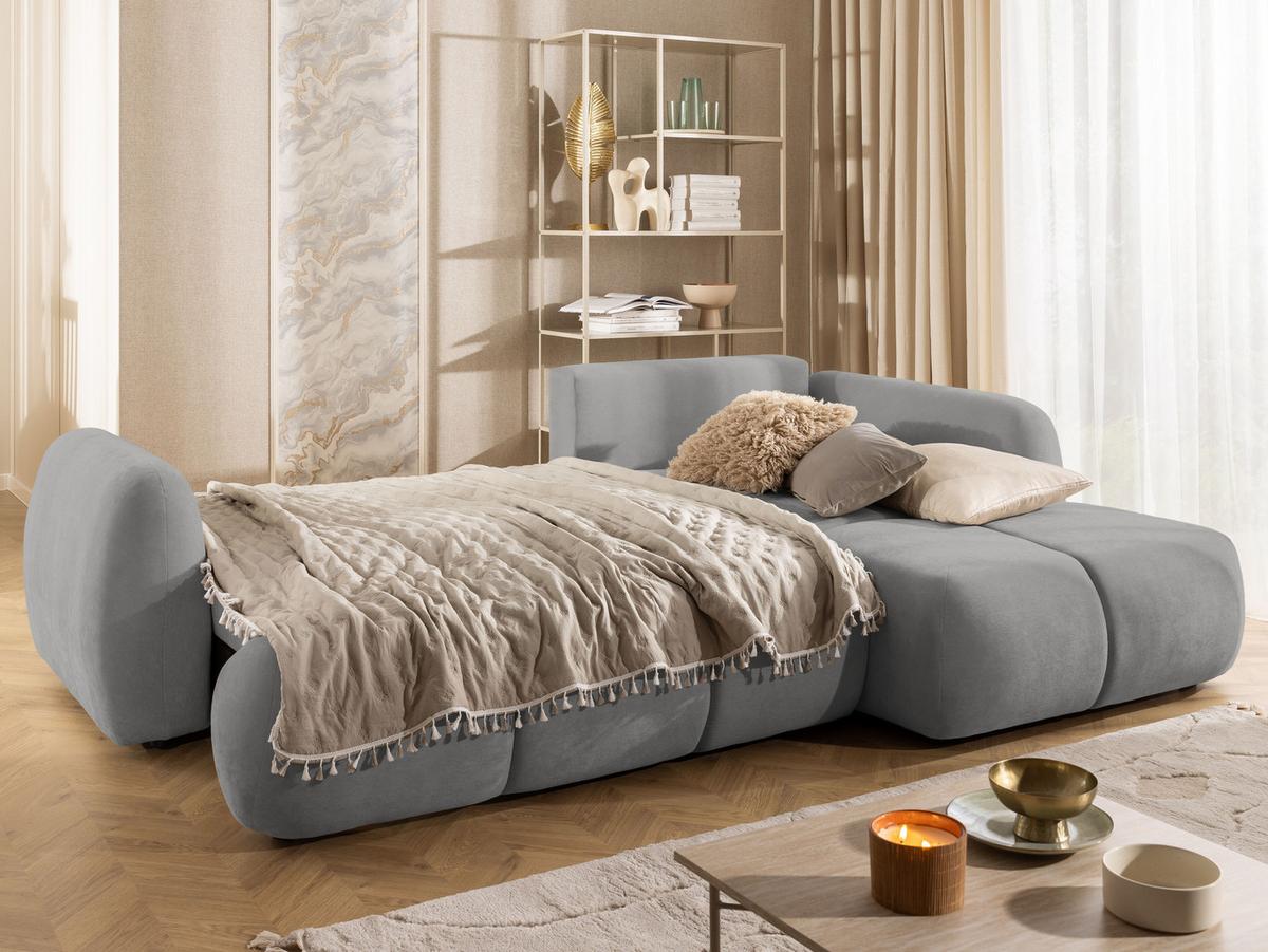ECKSOFA Loretto aus natürlichem Grau Webstoff mit Schlaffunktion, Bettkasten und tiefen Steppungen in Bubble-Optik - Schwarz/Grau, Holz/Kunststoff (275/180cm) - S-Style