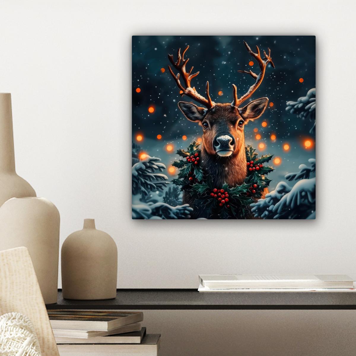 LEINWANDBILD Hirsch - Weihnachten - Winter - Schnee - Weihnachtskranz Deko Wohnzimmer 20x20 cm - Dunkelbraun, Textil (20/20cm) - MuchoWow