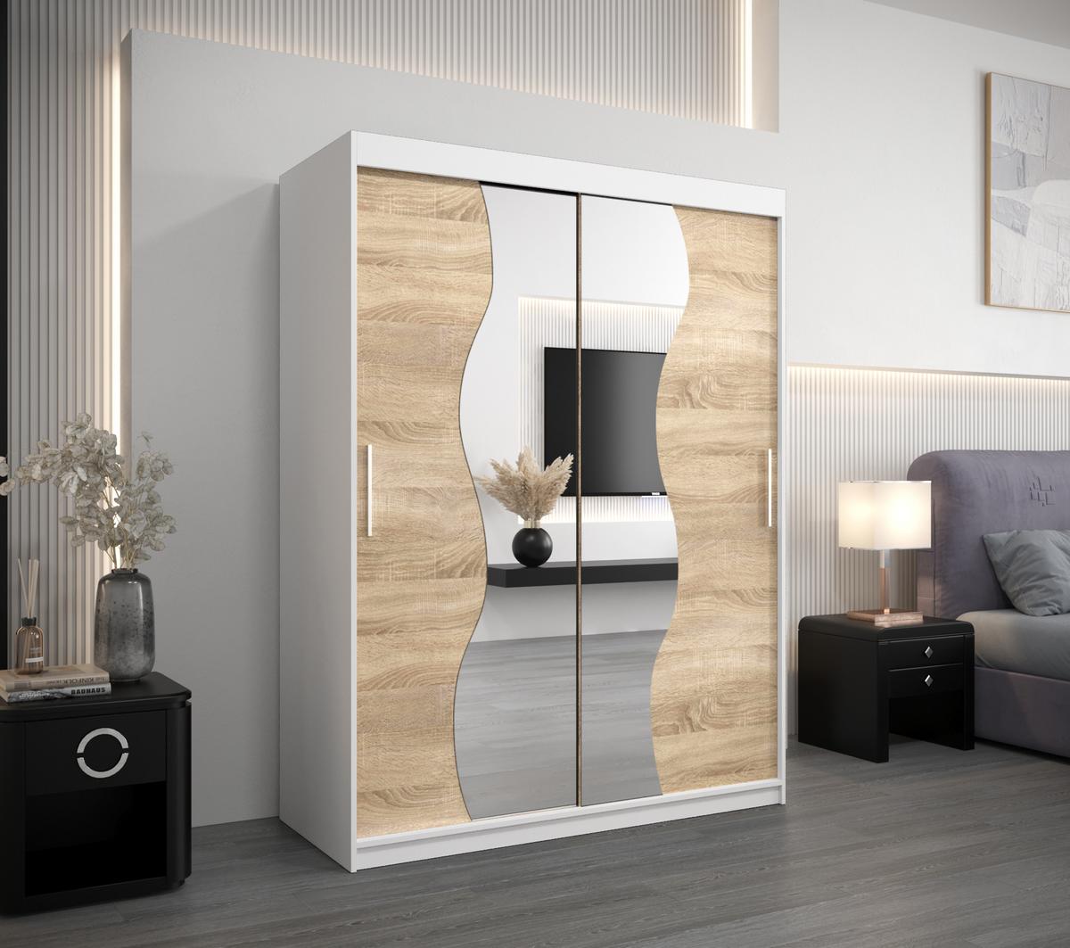 SCHWEBETÜRENSCHRANK 200/150/62 2-türig - Silberfarben/Weiß, Holz/Kunststoff (150/200/62cm) - MÖBEL KRYSPOL