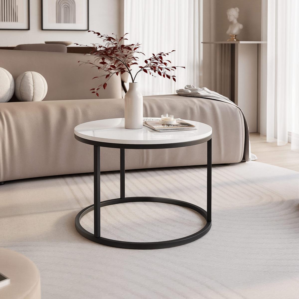 COUCHTISCH 60 cm rund Weiß Hochglanz, Schwarz Gestell - Weiß Hochglanz, Holzwerkstoff (60/60/42cm) - Idohome