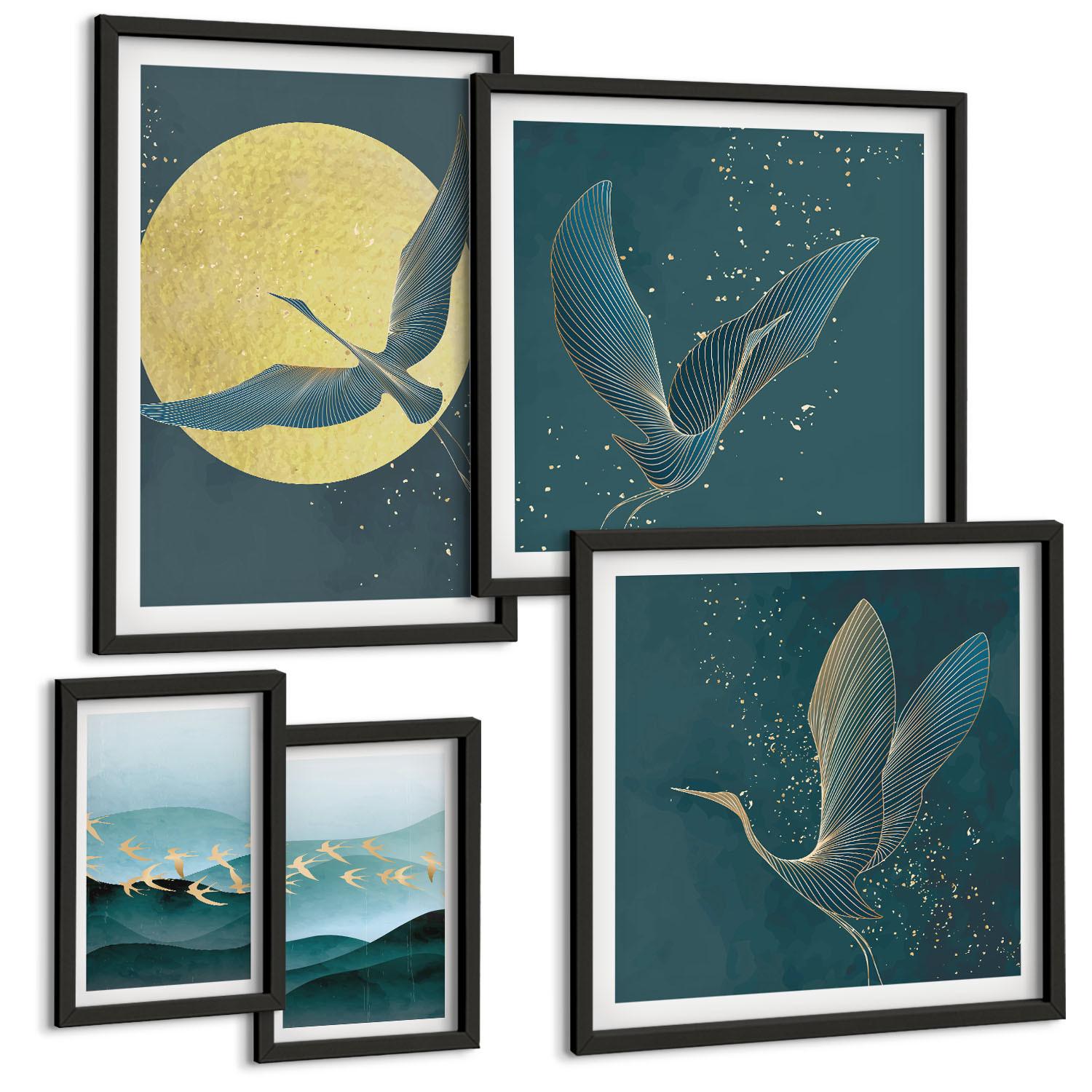 BILDER SET 5er Set - 50x50 cm & 20x30 cm & 40x60 cm Schwarzer Rahmen - Abstrakte Landschaften von Vogelwellen - Schwarz, Kunststoff (40/60cm) - TULUP