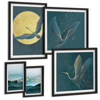 BILDER SET 5er Set - 50x50 cm & 20x30 cm & 40x60 cm Schwarzer Rahmen - Abstrakte Landschaften von Vogelwellen - Schwarz, Kunststoff (40/60cm) - TULUP