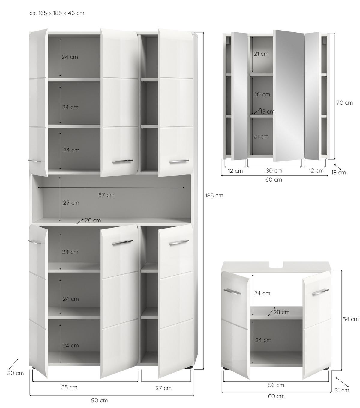 BADMÖBEL SET 3-teilig in weiß Hochglanz Badkombination 165 x 185 cm Cover - Weiß Hochglanz/Silberfarben, Holzwerkstoff/Kunststoff (165/185/30cm) - Inn.Furn