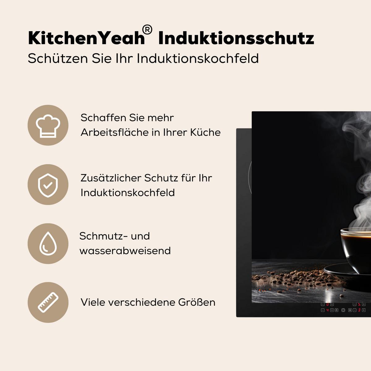 HERDABDECKPLATTE Kaffee - Schwarz - Bohnen - Heiß - Tasse Induktionsmatte 77x59 cm - Schwarz, Kunststoff (77/59/0.2cm) - MuchoWow