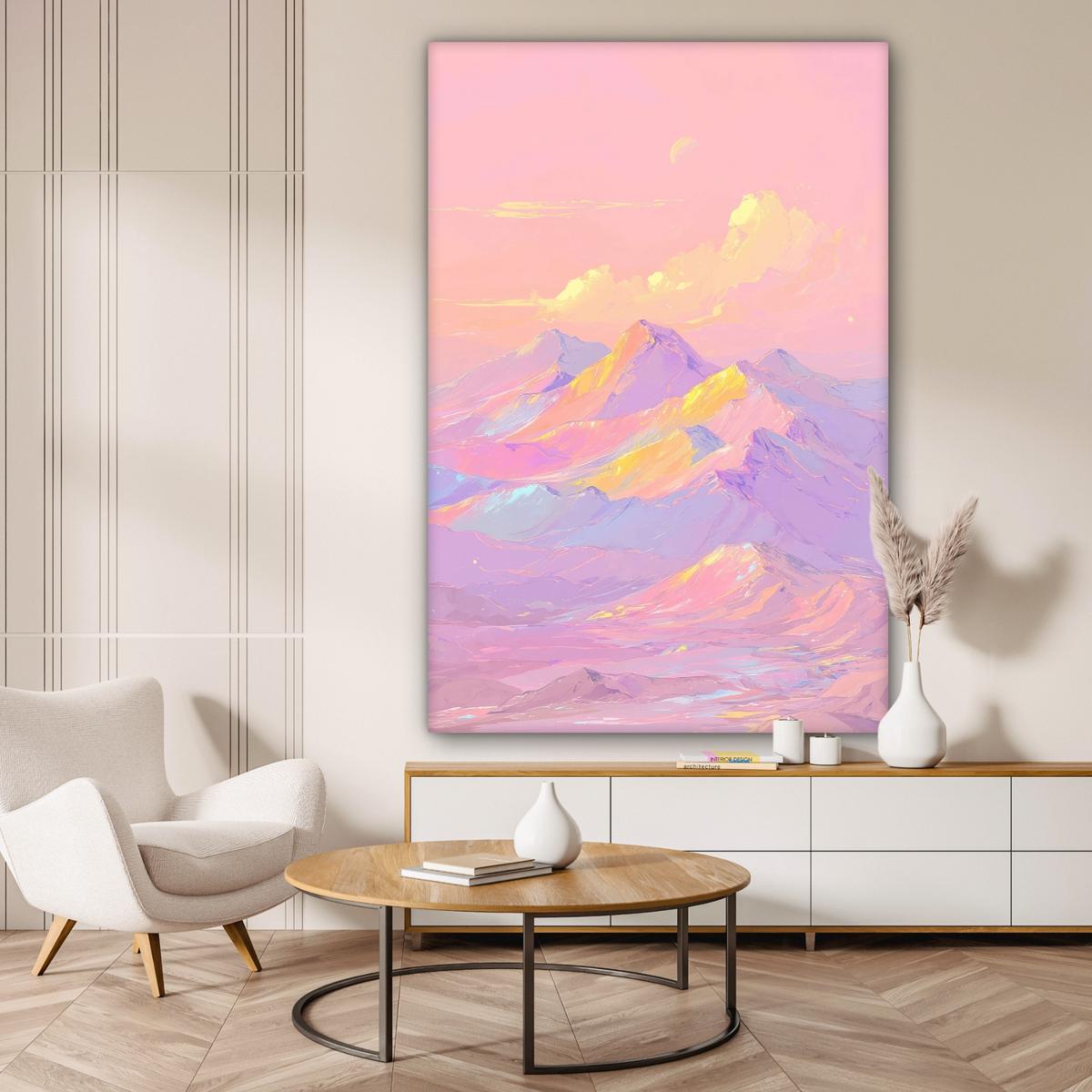 LEINWANDBILD Berggipfel - Wolken - Verträumt Deko Groß 90x140 cm - Hellrosa, Textil (90/140cm) - MuchoWow