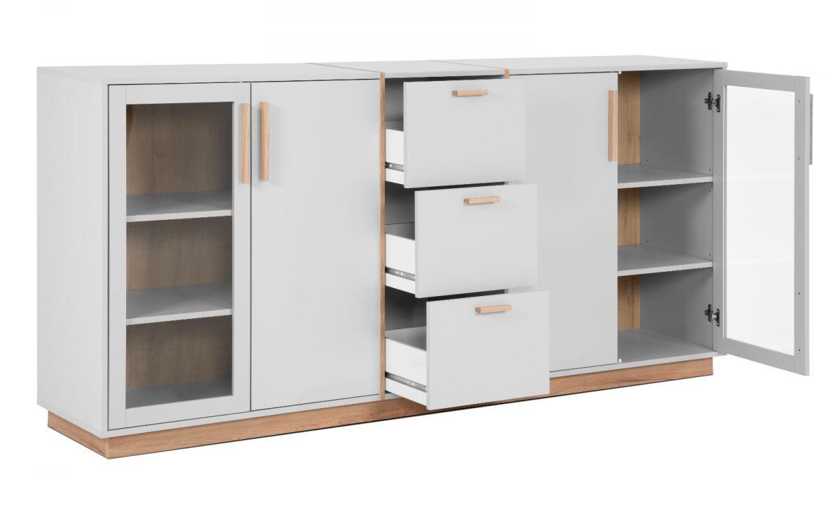 SIDEBOARD grau, Hickory Walnuss 204 cm, Kommode mit viel Stauraum - Walnussfarben/Hellgrau, Glas/Holzwerkstoff (204/94/40cm) - Furn.Design