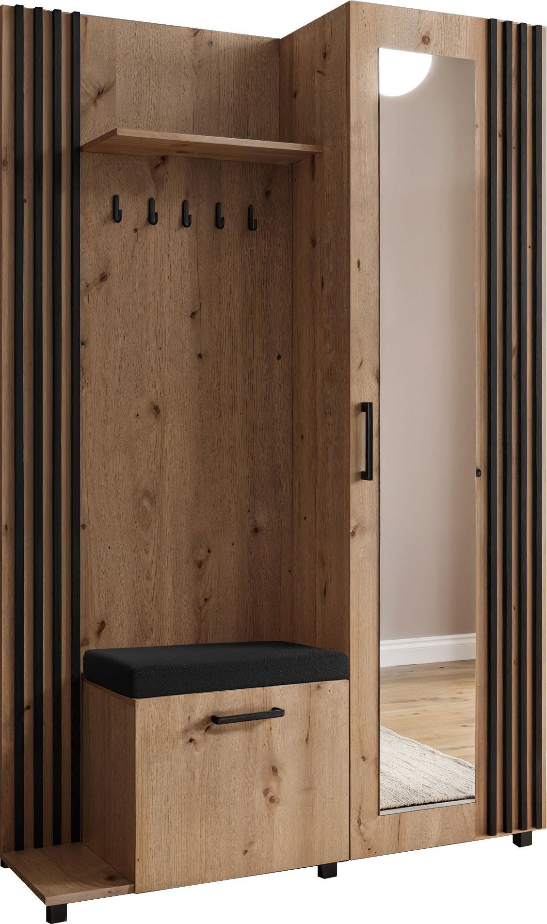 GARDEROBE Linaro mit Spiegel, Sitzbank in Lamellen-Optik 137/207/42 cm, Links - Schwarz/Eiche Artisan, Holzwerkstoff (137/207/42cm) - WFL GROUP