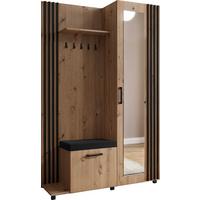 GARDEROBE Linaro mit Spiegel, Sitzbank in Lamellen-Optik 137/207/42 cm, Links - Schwarz/Eiche Artisan, Holzwerkstoff (137/207/42cm) - WFL GROUP