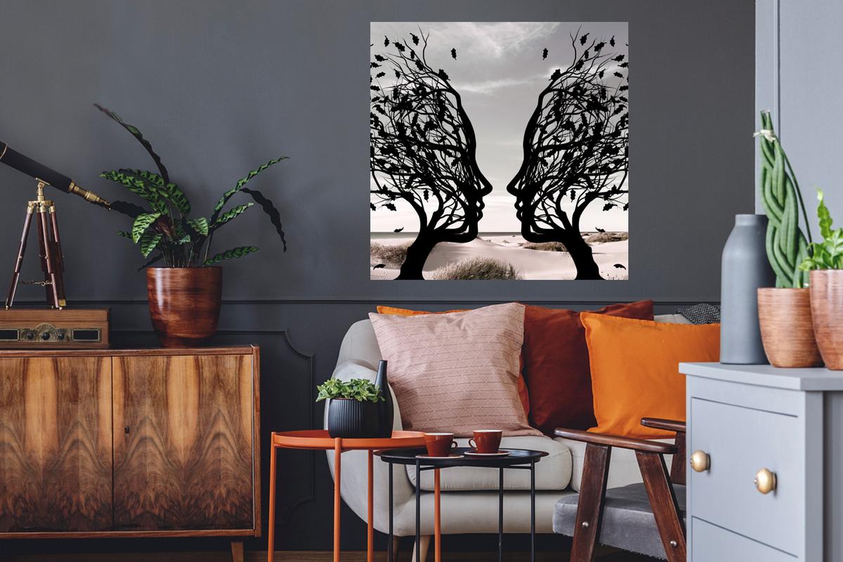WANDTATTOO Strand - Meer - Menschen - Baum - Moderne Kunst Wanddeko 50x50 cm - Hellgrau, Kunststoff (50/50/0.1cm) - MuchoWow