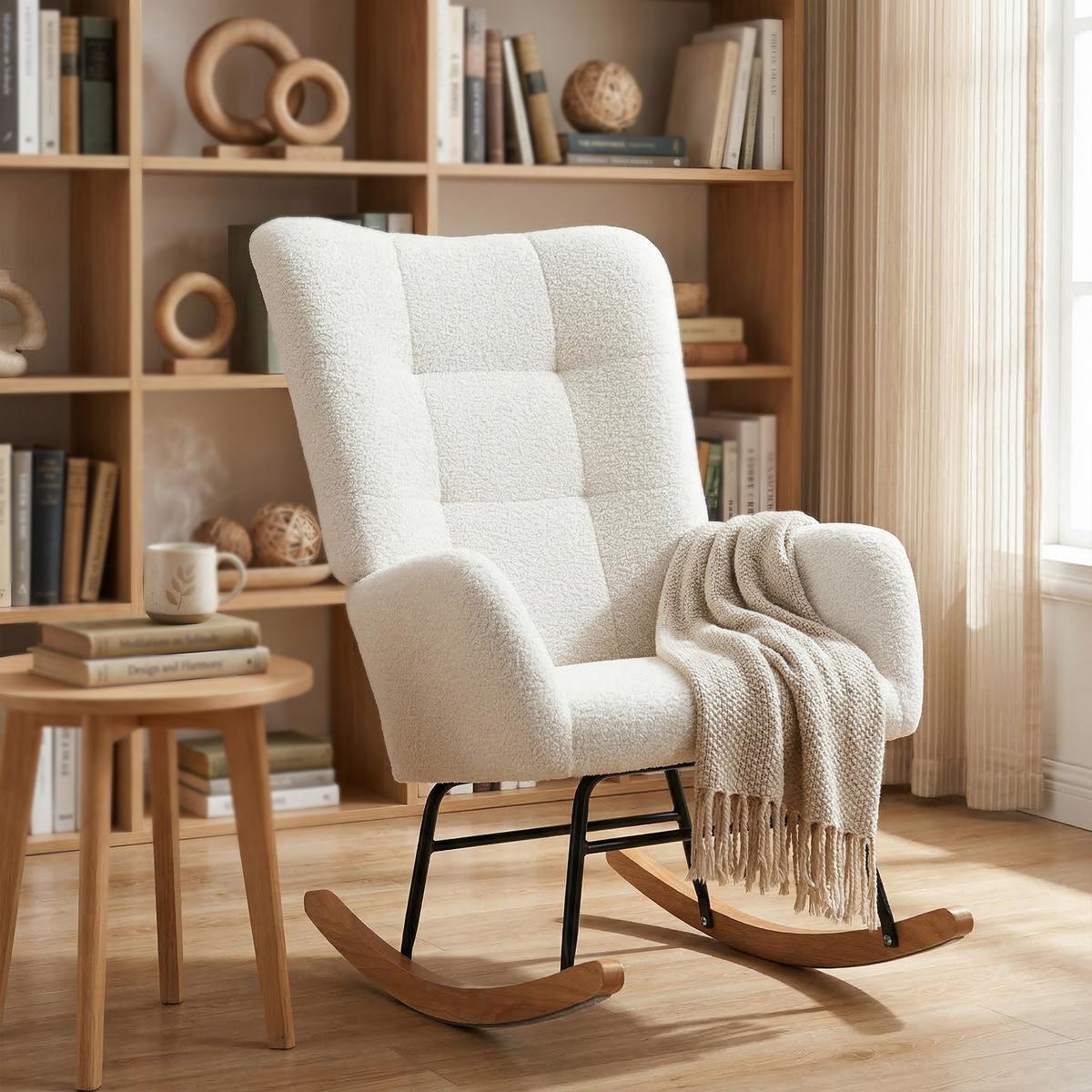 SCHAUKELSTUHL, Schaukelsessel mit Armlehne, Teddysamt-Optik, Cremeweiß - Creme/Naturfarben, Holz/Textil (70/100/94cm) - HOMCOM