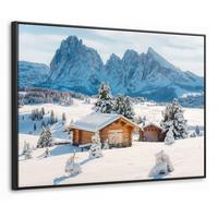 LEINWAND Bilder mit Rahmen - Winter - Hütte - Berge - Aussicht - Schnee - 70x50 - Eichefarben, Textil (70/50cm) - MuchoWow