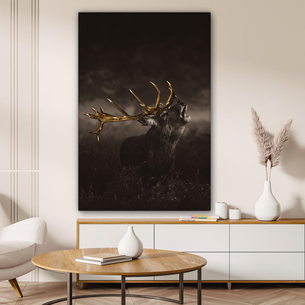 LEINWANDBILD Rotwild - Schwarz - Gold Deko Groß 90x140 cm - Braun, Textil (90/140cm) - MuchoWow