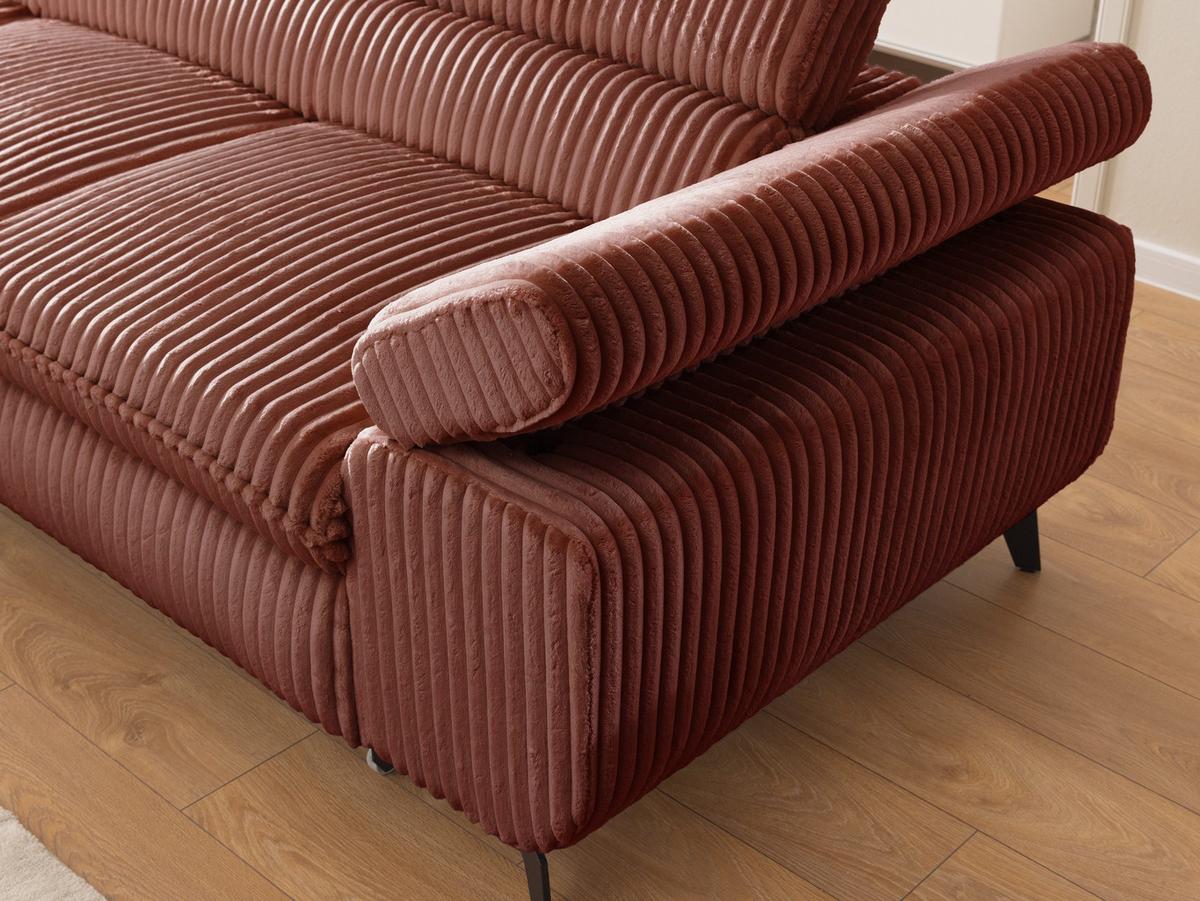 ECKSOFA mit Schlaffunktion und Bettkasten Bonnie aus Terrakotta Cord-Stoff mit verstellbaren Kopfstützen und Armlehne - Ottomane links - Terracotta/Schwarz, Holz/Textil (275/210cm) - S-Style Möbel