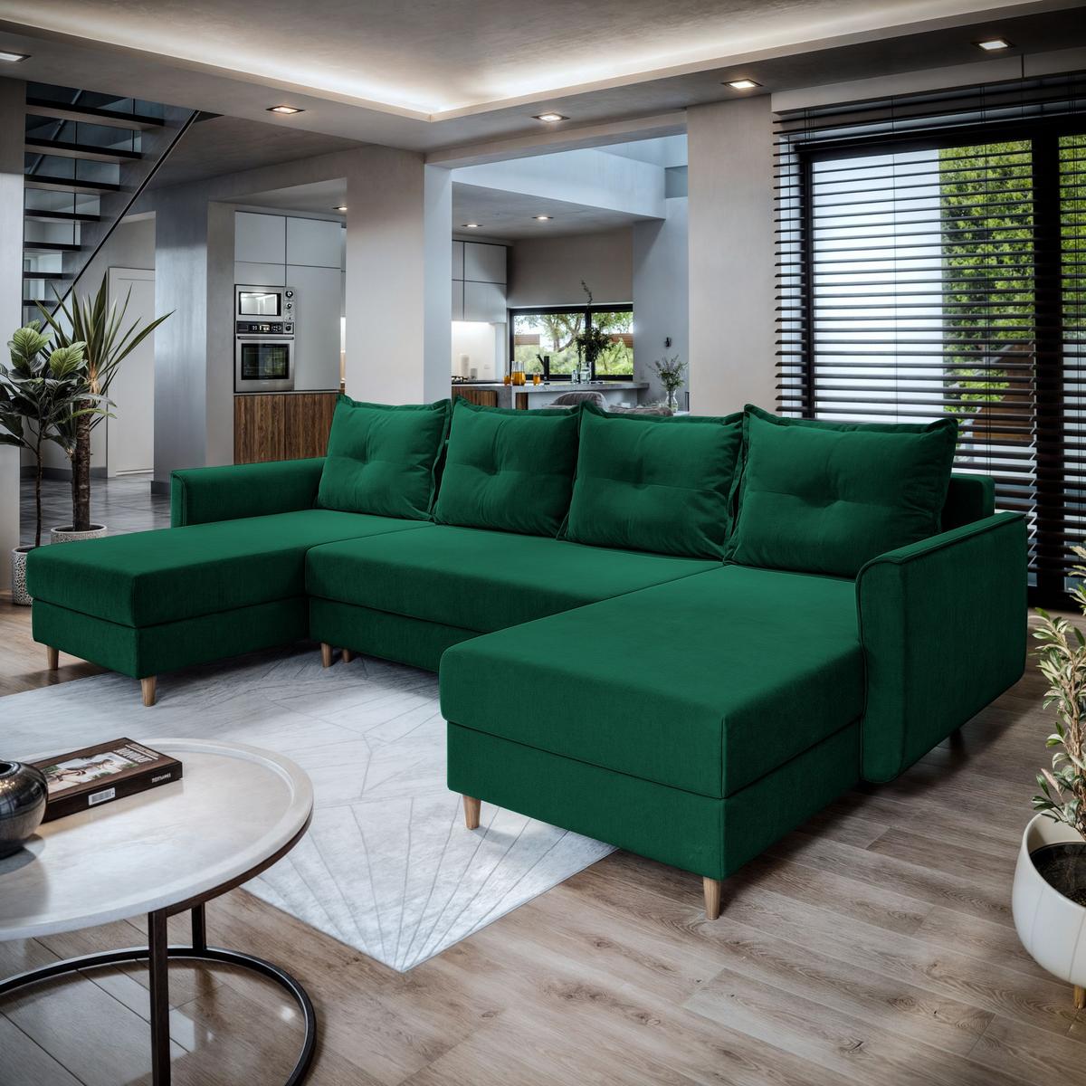 WOHNLANDSCHAFT VERNI Grün Plüsch-Stoff mit Schlaffunktion - Braun/Grün, Holz/Textil (285/91/143cm) - MASSENO