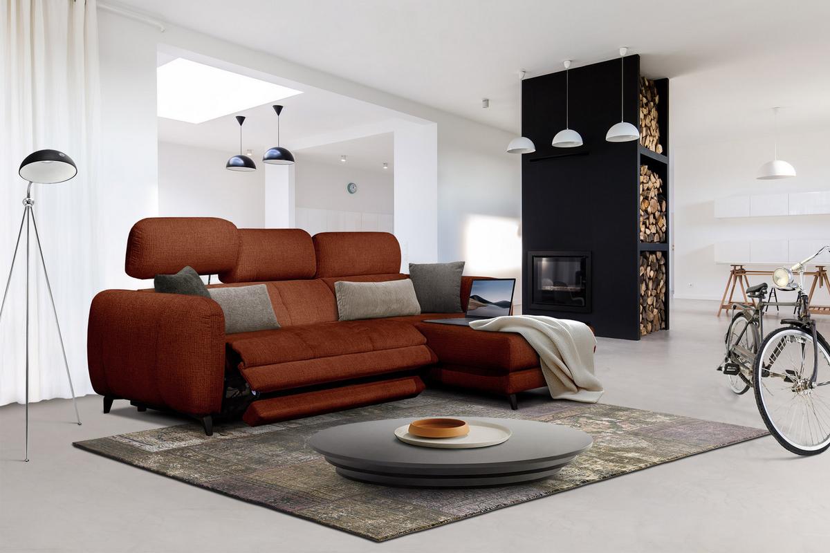 ECKSOFA SVEN 3-Sitzer, 1 Relax XL, verstellbare Kopfstützen, rot - Rot/Schwarz, Holzwerkstoff/Textil (256/163cm) - Wozimo