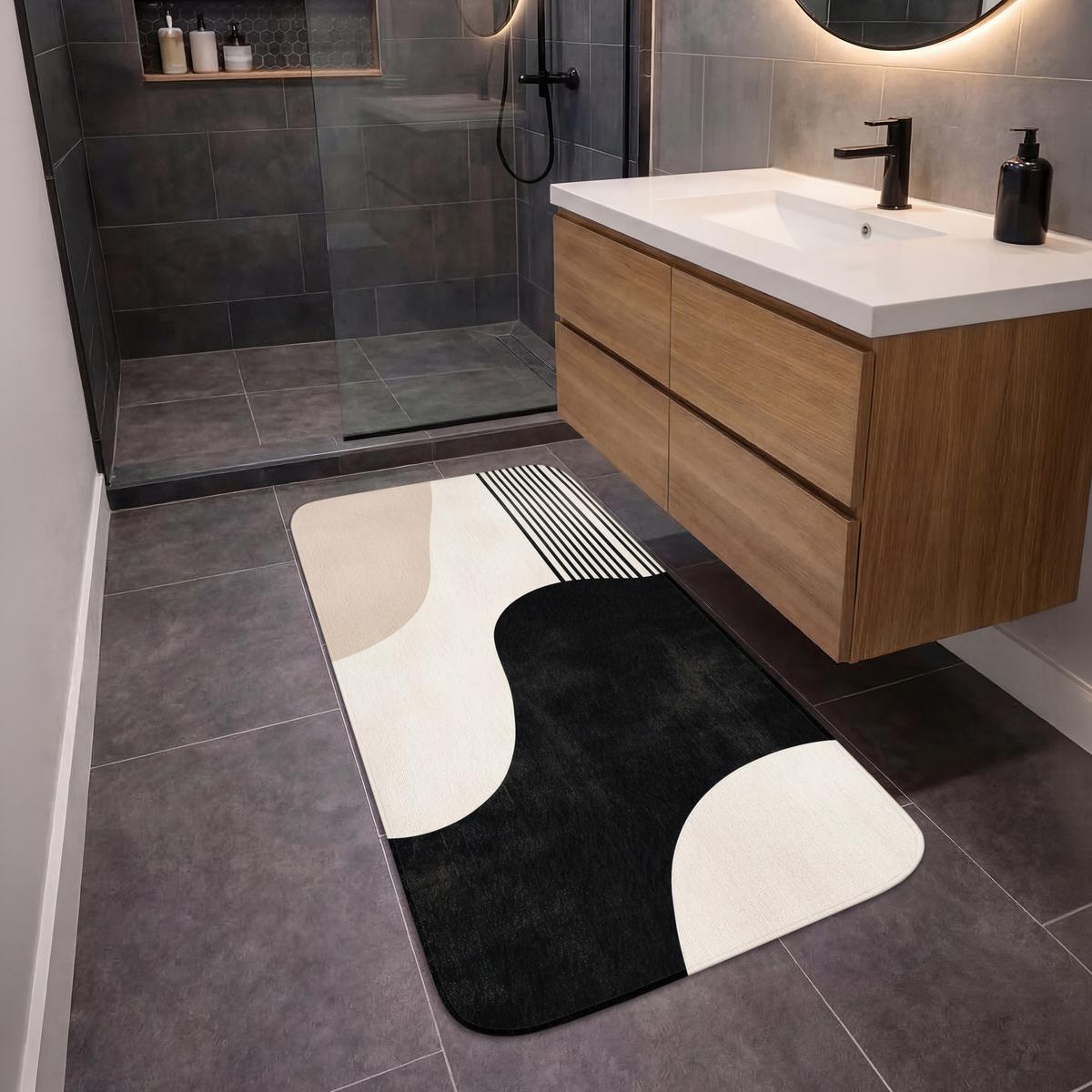 BADEMATTE Abstrakt - Japandi - Beige - Modern 60x120 cm - Beige/Schwarz, Textil (60/120cm) - OnlyWow