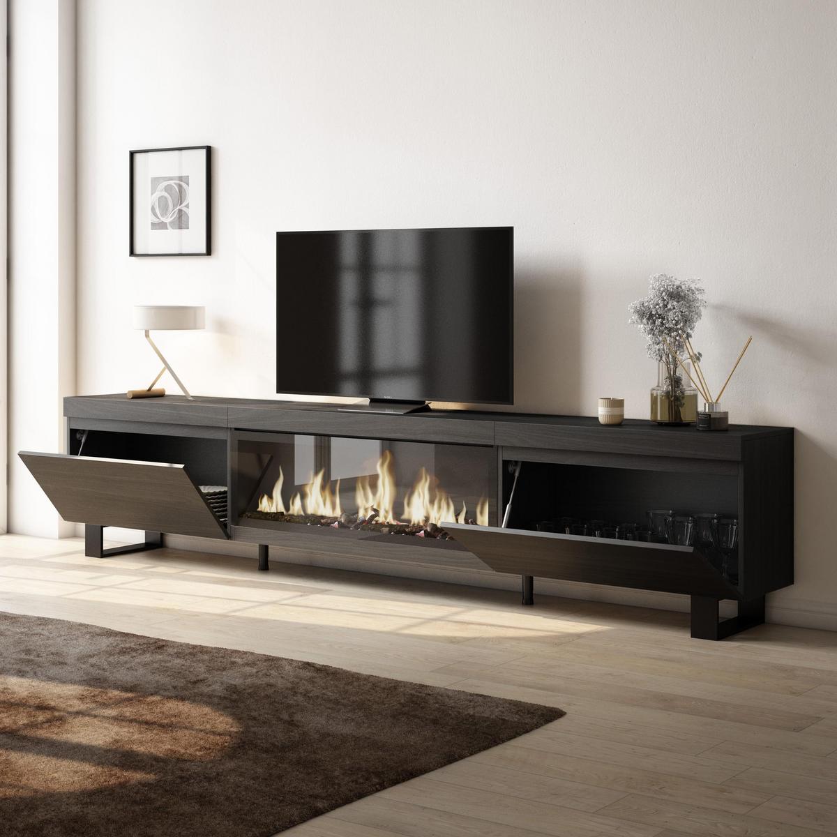 LOWBOARD, Tv-Schrank, mit Elektrokamin XXL, Schwarz, 267/35/57cm - Schwarz, Holzwerkstoff (267/57/35cm) - Skraut Home